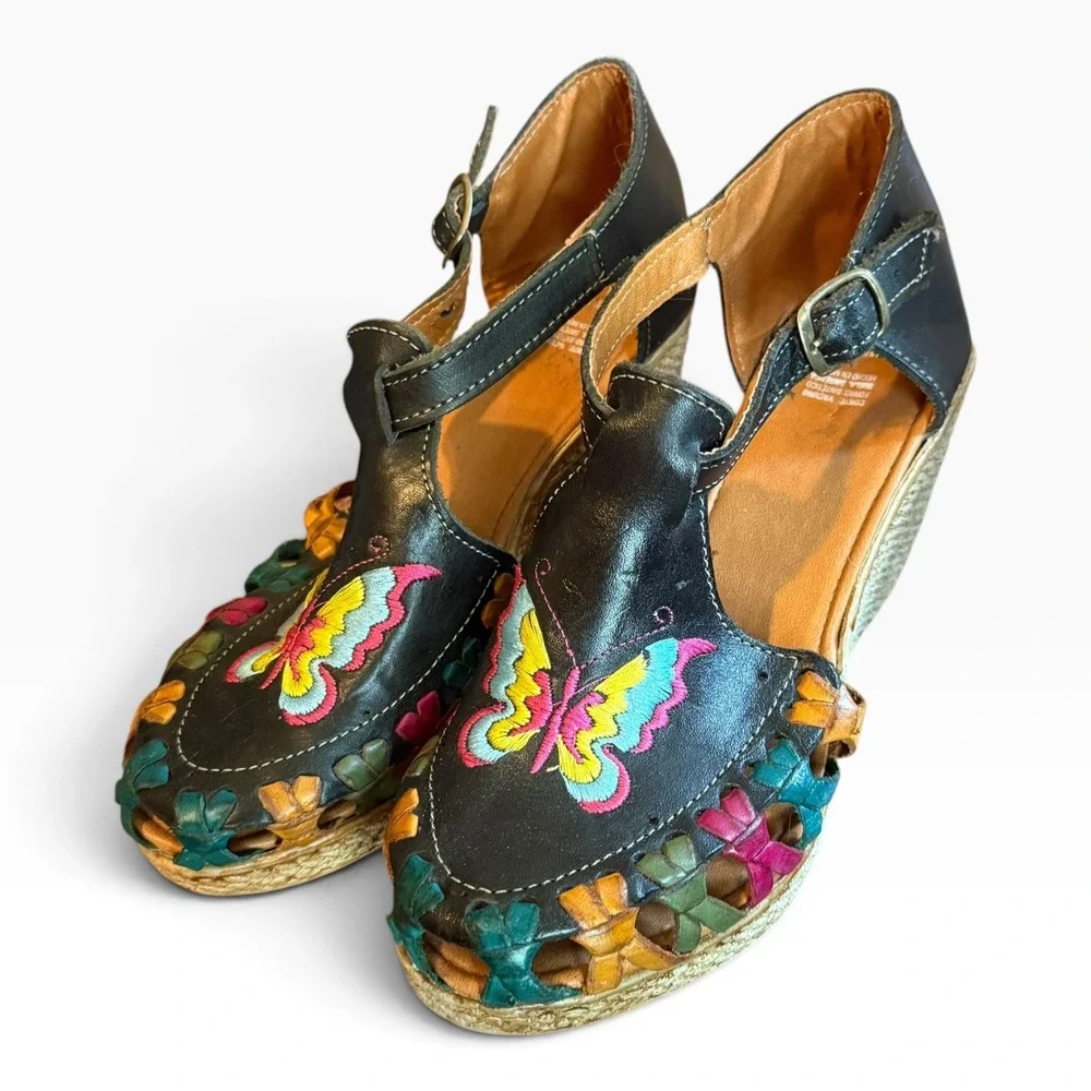 Huarache Wedge Sandals Womens 6 Black Butterfly Embroidered Boho